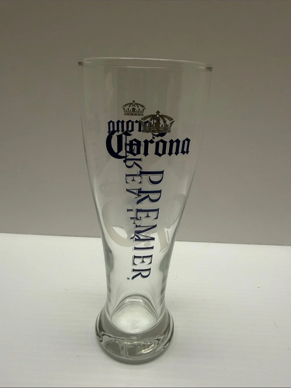 Corona Premier Clear Pilsner Glass with Blue Text and Gold Crown